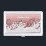 White Confetti Glitter & Pink Rose Metallic Business Card Holder<br><div class="desc">Business Card Case ready for you to personalise. Featuring an eye-catching design in beautiful pink rose gold metallic ornate styled topper with white confetti glitter print on the bottom section. ✔Note: Not all template areas need changed. 📌If you need further customisation, please click the "Click to Customise further" or "Customise...</div>