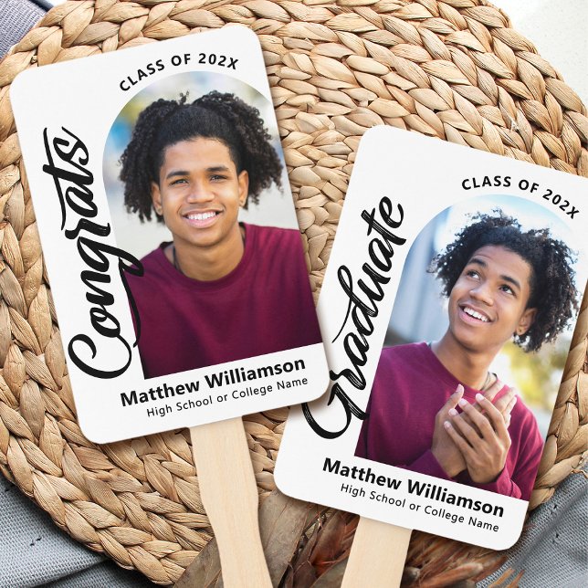 White Congrats Grad 2 Photo Arch Bold Black Script Hand Fan (Creator Uploaded)