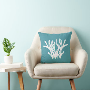 White Coral Branch Cyan Throw Pillow