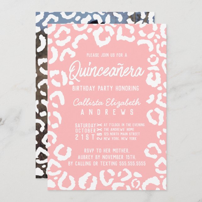 White Coral Cheetah Leopard Quinceañera Photo Invitation (Front/Back)