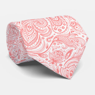 White & Coral-Red Floral Paisley Pattern Tie