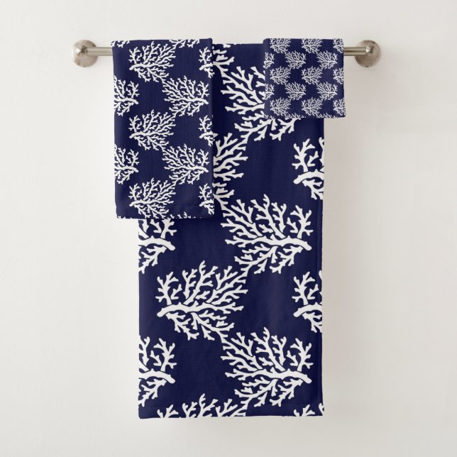 White corals on a navy blue background bath towel set (Insitu)