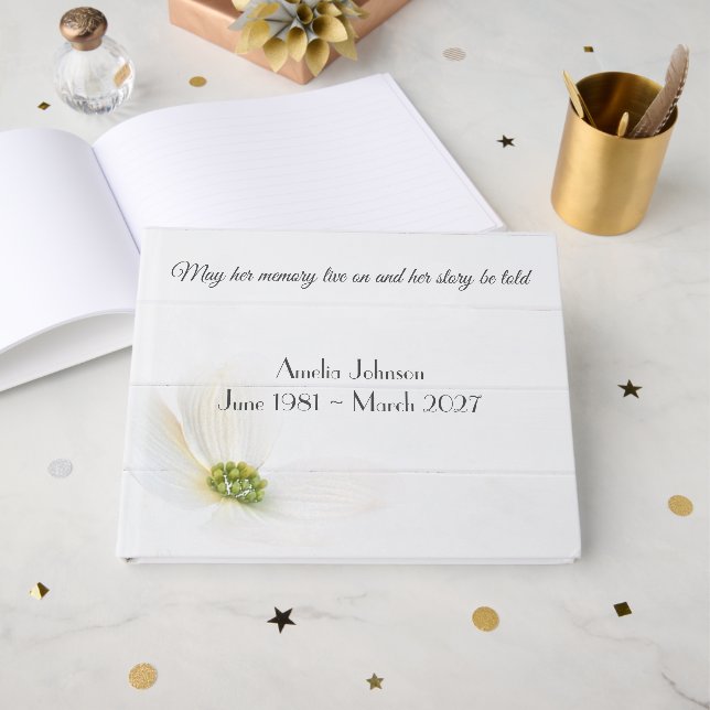 White Cosmos Flower On Wood Memorial Guest Book (Front Open)