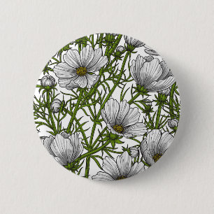 White cosmos flowers 6 cm round badge