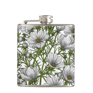 White cosmos flowers hip flask