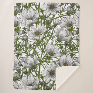 White cosmos flowers sherpa blanket