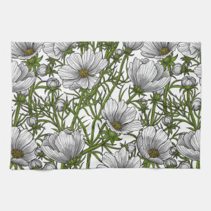 White cosmos flowers tea towel