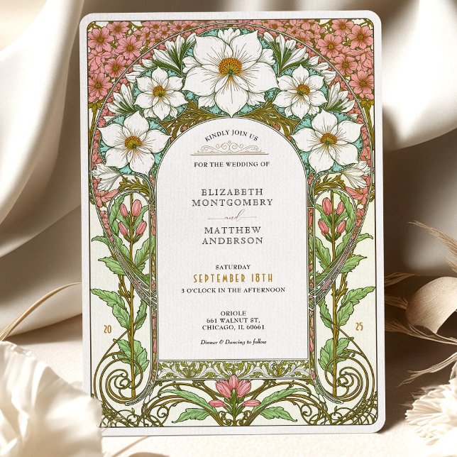 White Cosmos & Pink Blossoms Art Nouveau Wedding Invitation (Creator Uploaded)