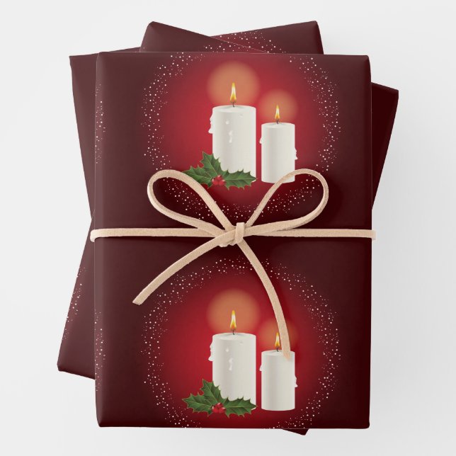White Cosy Christmas Candles On Red With Holly Wrapping Paper Sheet (In situ)