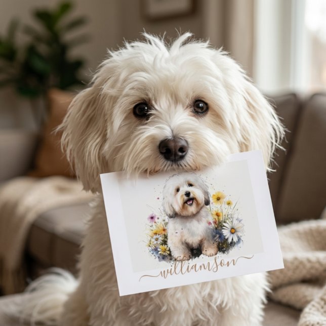 White Coton de Tulear Puppy with Flowers  & Name Note Card (Creator Uploaded)
