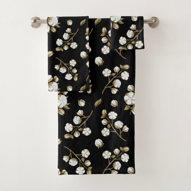 White Cotton Boll Stem Watercolour Pattern Black Bath Towel Set (Insitu)