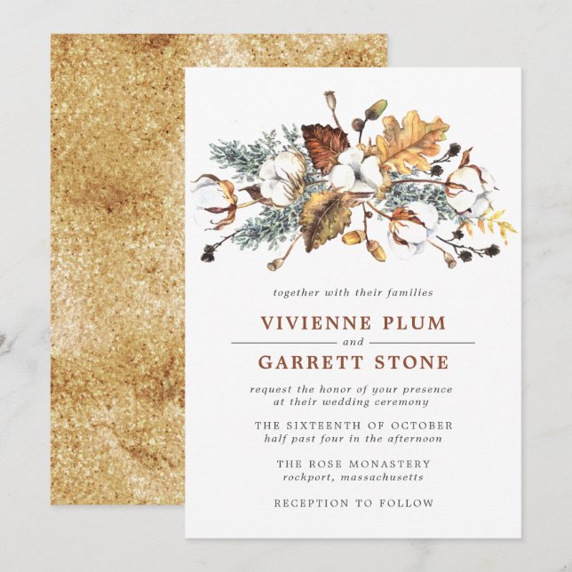 White Cotton Floral Gold Autumn Leaves Wedding Invitation (Front/Back)
