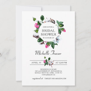 White cotton flower. Rustic Floral Bridal Shower I Invitation