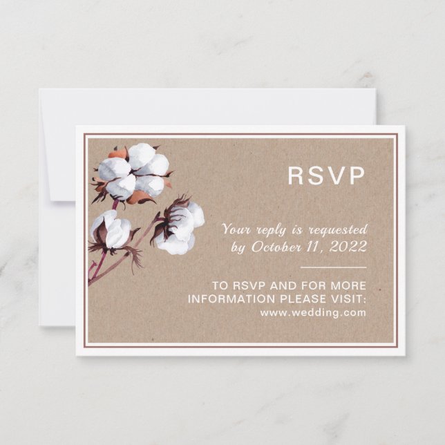 White cotton flowers. Rustic Botanical wedding RSVP Card (Front)