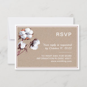 White cotton flowers. Rustic Botanical wedding RSVP Card