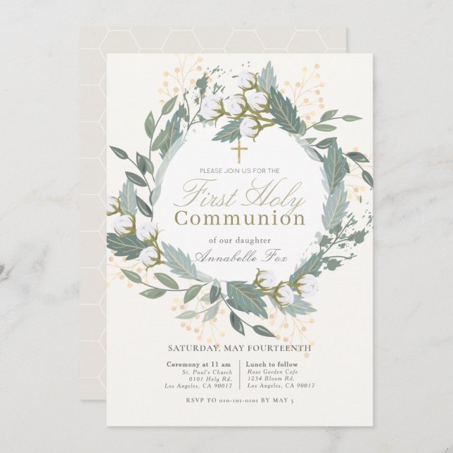 White Cotton Garden Wreath First Holy Communion Invitation (Front/Back)