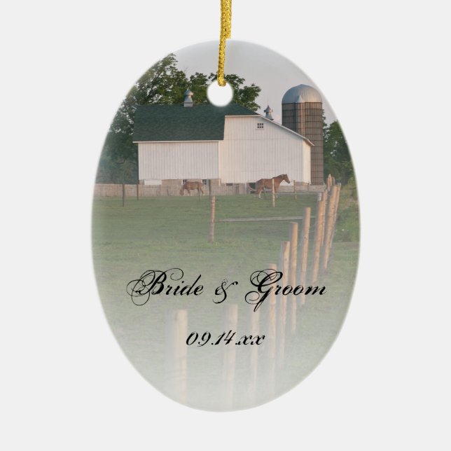 White Country Barn Wedding Ceramic Tree Decoration (Front)