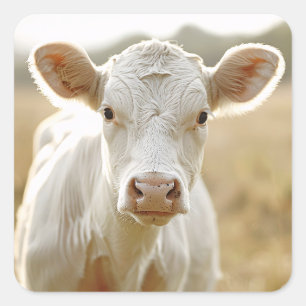 White Cow in Farm Field Square Sticker