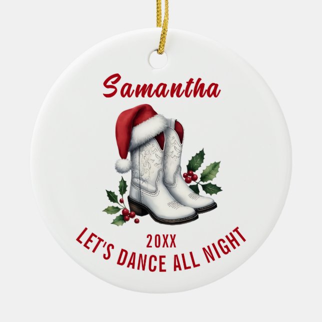 White Cowboy Boots Santa Hat Ornament (Front)