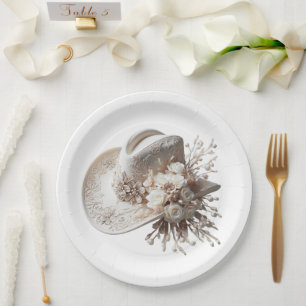 White Cowgirl Hat with Flowers Paper Plate