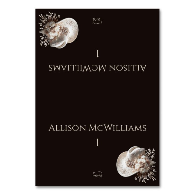 White Cowgirl Hat with Flowers Pork icon Table Number (Front)