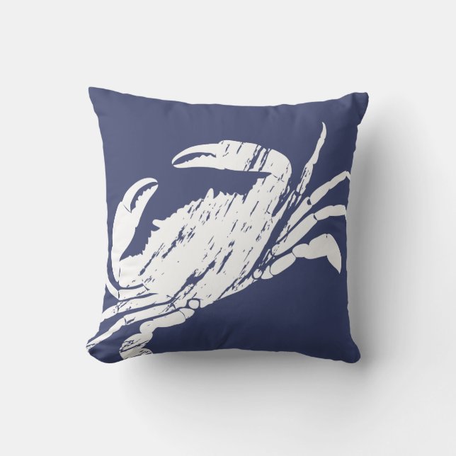 White Crab Surf Shack Nautical Blue Cushion (Front)