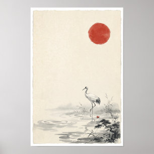 White Crane Under Red Sun Poster   Japanese Ink Wa