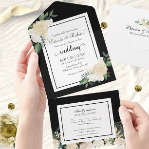 White Cream Floral On Black Elegant Wedding All In One Invitation