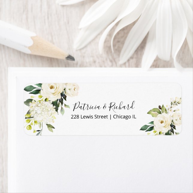 White Cream Floral Wedding Return Address Label (Insitu)