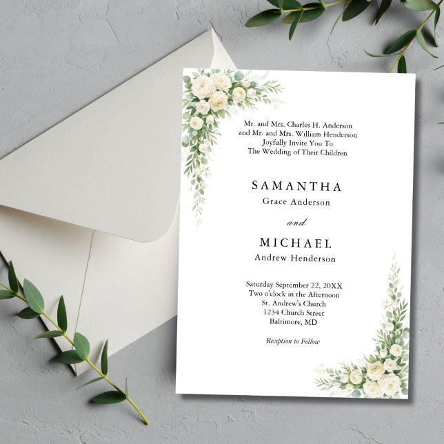 White Cream Florals Both Parents Names Wedding Invitation (White Cream Watercolor Florals Roses Elegant Traditional Classic Wedding Invitation)