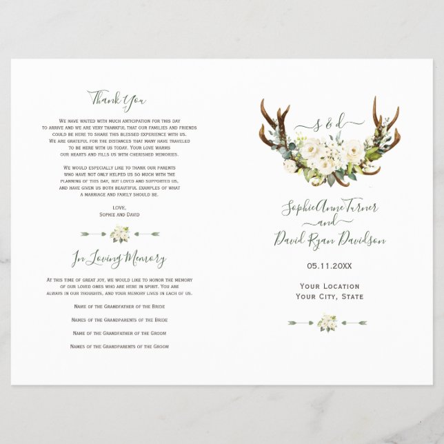White Cream Flowers Antlers Wedding Program Flyer (Front)