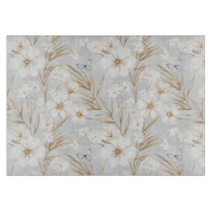 White Cream Flowers Blue Butterflies Bridal Shower Cutting Board