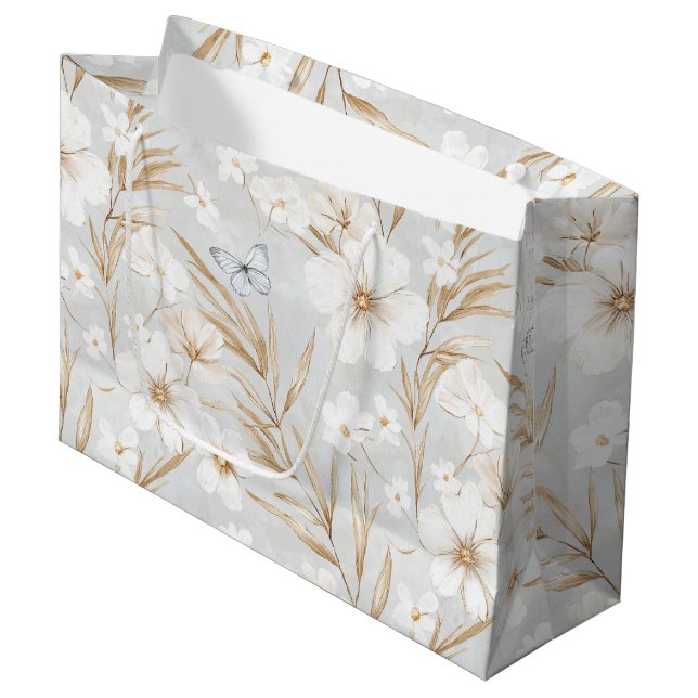 White Cream Flowers Blue Butterflies Bridal Shower Large Gift Bag (Front Angled)