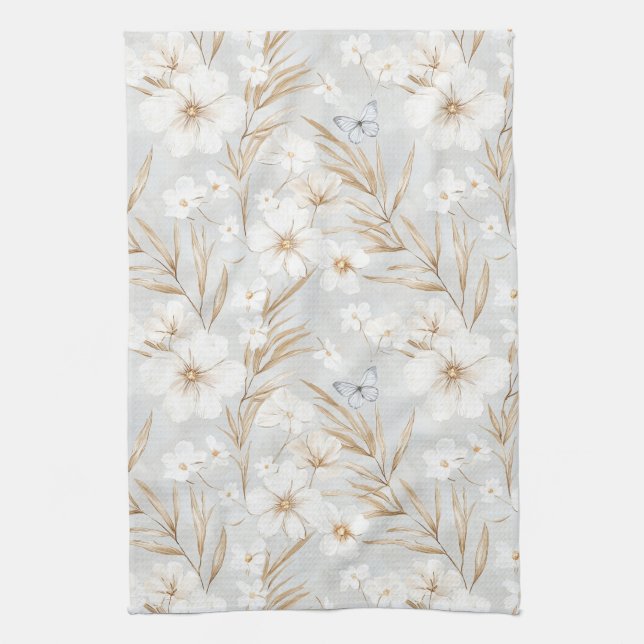 White Cream Flowers Blue Butterflies Bridal Shower Tea Towel (Vertical)