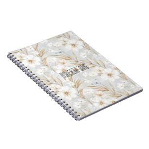 White Cream Flowers Blue Butterflies Notebook