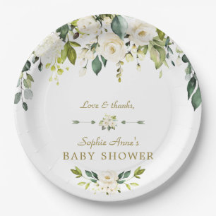 White Cream Flowers Gold Baby Shower Paper Plate