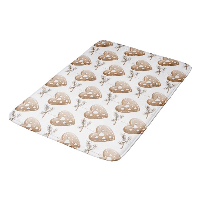 White Cream Gingerbread Cookie Hearts Christmas Bath Mat (Angled)
