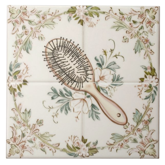 White Cream & Green Hair Brush Funny Bathroom Tile (Front)