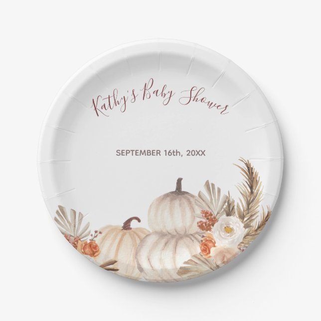White Cream Pumpkin Rustic Floral Party Paper Paper Plate (Front)