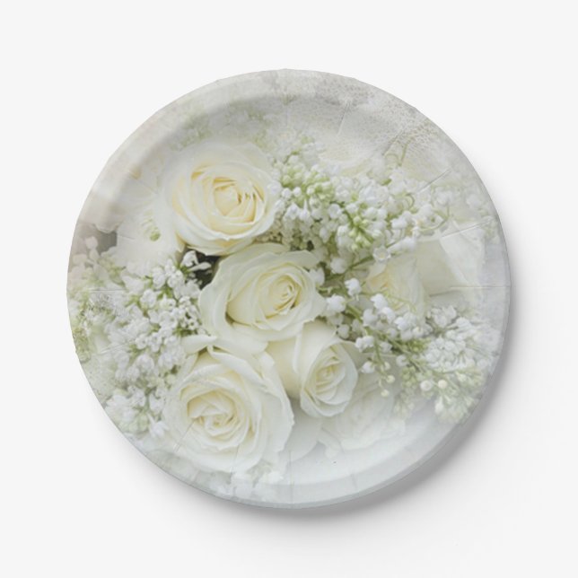 White cream roses, baby's breath flowers paper plate (Front)
