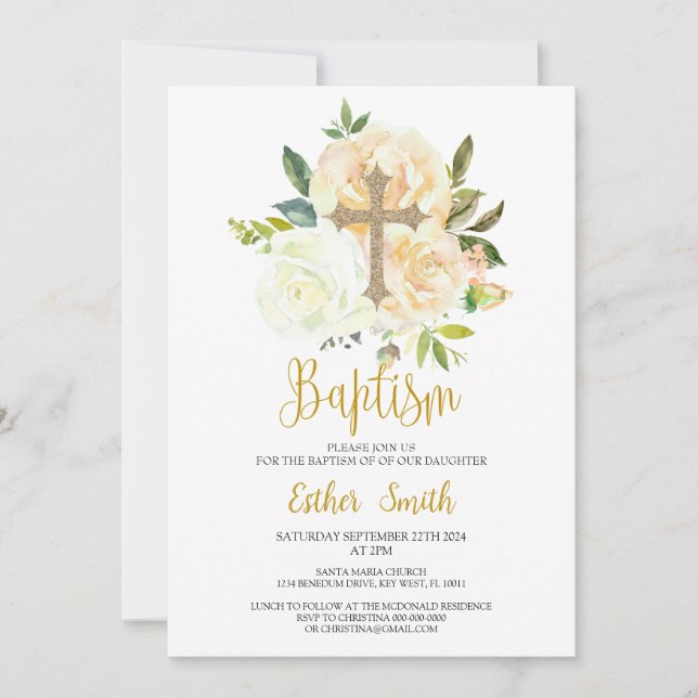 White Cream roses Baptism Invitation (Front)