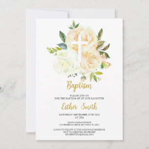 White Cream roses Baptism Invitation