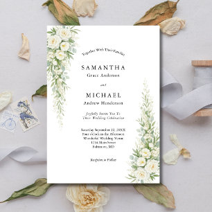  White Cream Roses Florals Wedding Modern Elegant Invitation