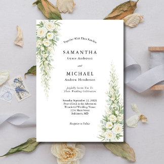  White Cream Roses Florals Wedding Modern Elegant Invitation