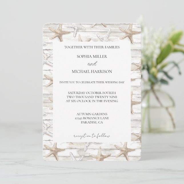White Cream Starfish Beach Wedding Invitation (Standing Front)