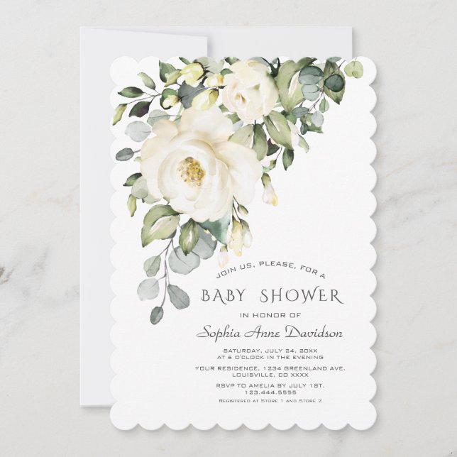 White Cream Watercolor Floral Girl Baby Shower Invitation (Front)
