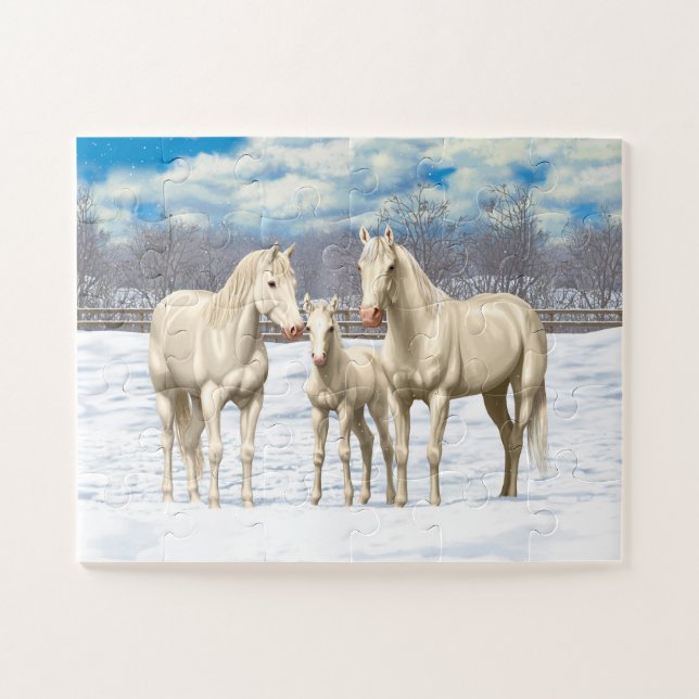 White Cremello Quarter Horses In Snow Jigsaw Puzzle (Horizontal)