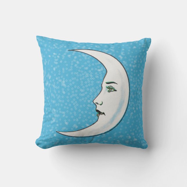 White Crescent Moon Face Black Lips Stars Blue Cushion (Front)