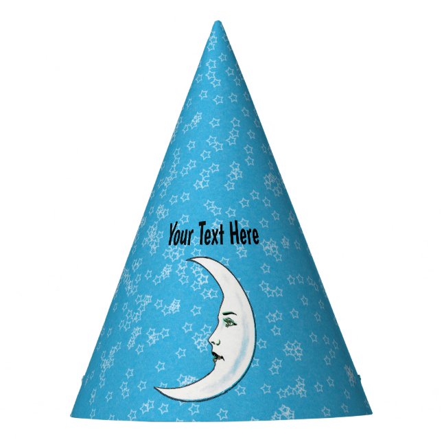 White Crescent Moon With Face Stars Aqua Blue Party Hat (Front)