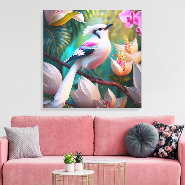 White Crested Blush Chested Fantasy Bird Canvas Print (Insitu(LivingRoom))